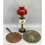 OIL LAMP - brass reeded column with a hunting scene painted reservoir, also a heavy military