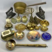 BRASSWARE - an interesting Eastern ladle, an iron handled saucepan, bookends, ETC, onyx items and