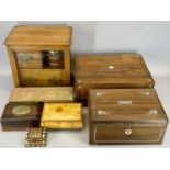 TREEN - three drawer tobacco cabinet with jar, 26 x 26 x 16cms, mother of pearl inlay work boxes,