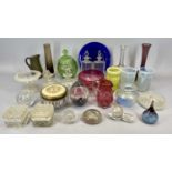 GLASSWARE - opaque glass beakers, paperweights, cranberry and an assortment of other small