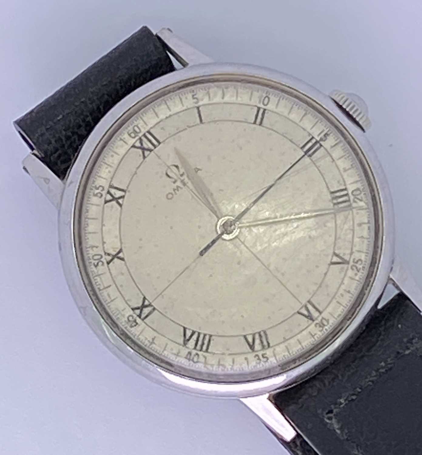 VINTAGE OMEGA GENT'S STAINLESS STEEL WRISTWATCH - with black leather strap, having a quartered and - Image 2 of 4