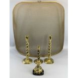 BRASSWARE - a pair of twist candlesticks, 30cms tall, another shorter example, an ornamental