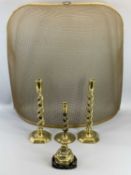 BRASSWARE - a pair of twist candlesticks, 30cms tall, another shorter example, an ornamental