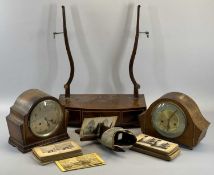 STEREOSCOPE & VIEW CARDS, two mantel clocks and a dressing table mirror base -