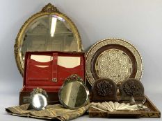 VINTAGE WRITING CASE, two Barbola type mirrors, a bone inlaid tray and a gilt framed mirror,