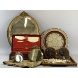 VINTAGE WRITING CASE, two Barbola type mirrors, a bone inlaid tray and a gilt framed mirror,