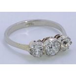 PLATINUM THREE STONE DIAMOND RING - size K, approx 1 carat in total, 2.6grms