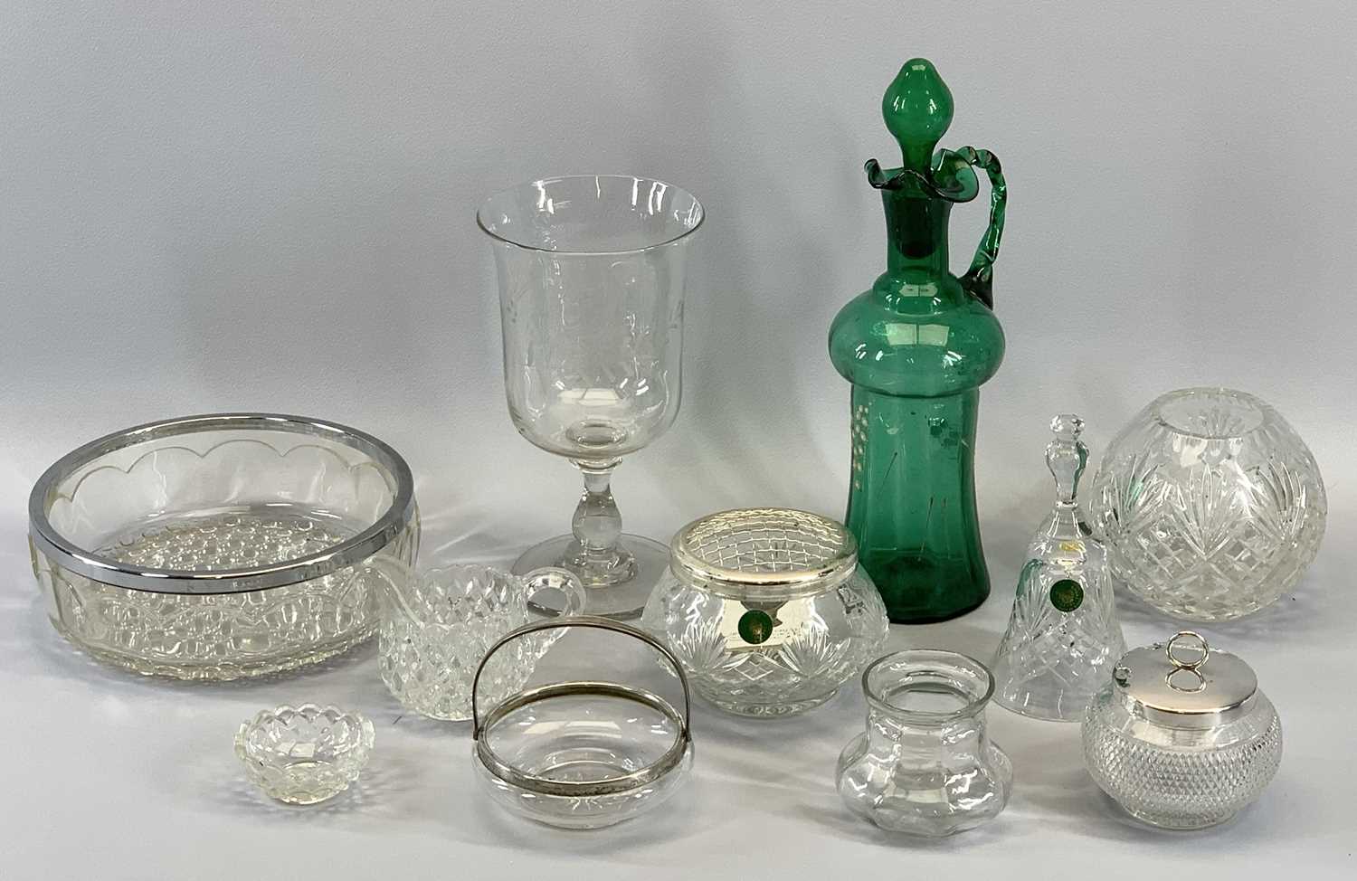 GLASSWARE - enamel painted wine jug with stopper, etched glass pedestal vase, Welsh Royal Crystal,