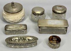 SEVEN VARIOUS SILVER TOPPED CUT GLASS DRESSING TABLE JARS. (7).