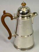 GEORGE V SILVER CHOCOLATE POT, domed cover with wooden finial, plain tapering body with wooden