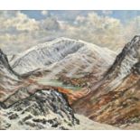 MOSS WILLIAMS oil on board - Snow on Welsh mountains, entitled verso 'Yr Wyddfa, Cwmtreweryn a