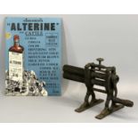 VICTORIAN CRIMPING MACHINE and an advertising board for 'Hankinsons Alterine'