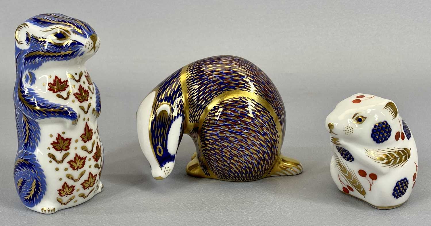 ROYAL CROWN DERBY PAPERWEIGHTS (3) - a squirrel, hamster and a badger (only one with stopper)