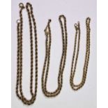 9CT GOLD ROPE TWIST NECKLACES (3) - 43cms, 47cms and 55cms, 13.9grms gross