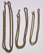 9CT GOLD ROPE TWIST NECKLACES (3) - 43cms, 47cms and 55cms, 13.9grms gross