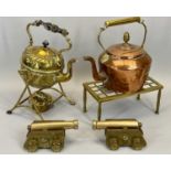 BRASS SPIRIT KETTLE, an antique copper kettle and trivet stand and a pair of contemporary heavy