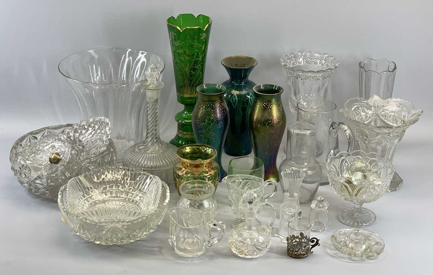 GLASSWARE - Loetz type iridescent vases, a pair, 23cms tall, and other assorted and interesting