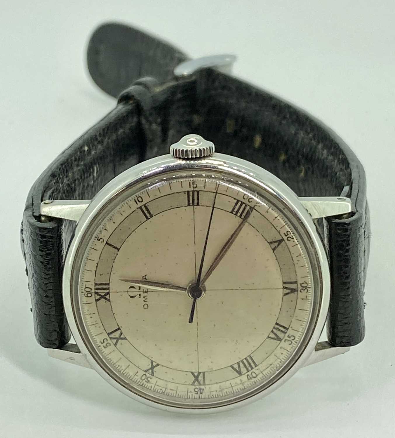 VINTAGE OMEGA GENT'S STAINLESS STEEL WRISTWATCH - with black leather strap, having a quartered and - Image 3 of 4