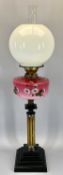 ANTIQUE OIL LAMP - with fine floral decorated reservoir, reeded glass column on a stepped base