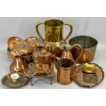 COPPERWARE - interesting embossed Newlyn type copper tankard, 14cms H and an assortment of other old