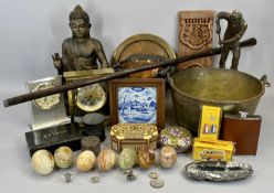 ECLECTIC PARCEL - to include mantel clocks, onyx eggs, treen ware, boxed Dinky vehicle, seated
