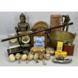 ECLECTIC PARCEL - to include mantel clocks, onyx eggs, treen ware, boxed Dinky vehicle, seated