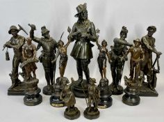 SPELTER & BRONZE EFFECT FIGURES - of various workers, miners, military men, ETC, 44cms the tallest