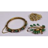 GOLD BROOCHES (2) and an Italian yellow metal bangle set with semi-precious stones, the brooches