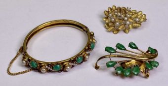 GOLD BROOCHES (2) and an Italian yellow metal bangle set with semi-precious stones, the brooches