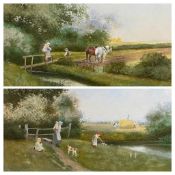 R M WALKER watercolours, a pair - harvesting scenes with children and other figures, 19 x 32.5cms