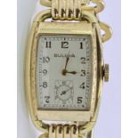 10CT GOLD FILLED LADY'S VINTAGE BULOVA BRACELET WRISTWATCH - slightly curved case, the rectangular