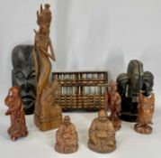 TREEN - Eastern and African carved figures, bookends, masks, ETC, and a hardwood abacus
