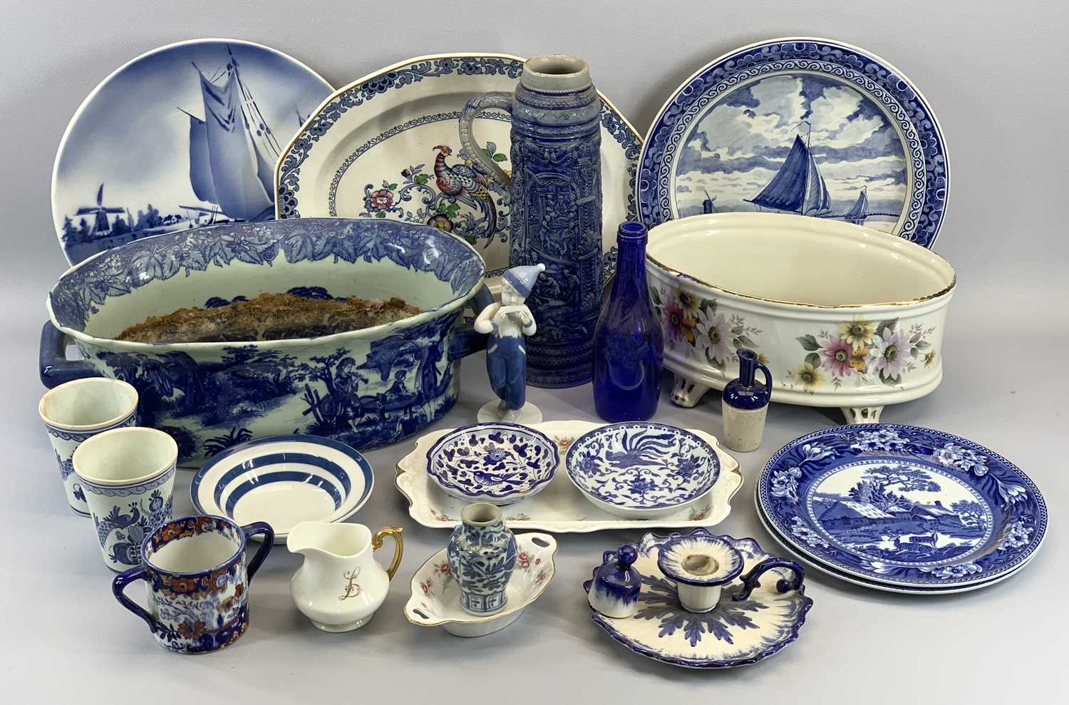 BLUE & WHITE ASSORTMENT - to include Delft ware, Wedgwood, a two handled Flo Blue type planter, ETC