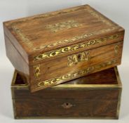 EARLY 19TH CENTURY BRASS BOUND COROMANDEL WORK BOX - 12cms H, 31cms W, 24cms D, and, a rosewood