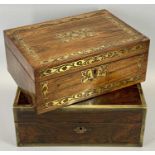 EARLY 19TH CENTURY BRASS BOUND COROMANDEL WORK BOX - 12cms H, 31cms W, 24cms D, and, a rosewood