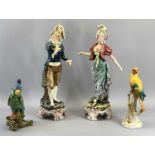 CONTINENTAL ASSORTMENT - two exotic bird figures, 30cms H the tallest and a pair of French faience