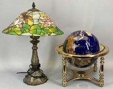 MINERAL ROTATING GLOBE - on a brass effect stand, 29cms tall, and a Tiffany style table lamp,