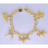18CT GOLD BRACELET - with four 9ct gold charms and one 14ct gold charm, 46.6grms