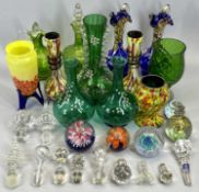 MARY GREGORY STYLE VASES, A PAIR, 20cms tall, an assortment of other green and colourful glassware