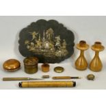 MAUCHLINE WARE - perpetual calendar postal rule, fruit wood boxes, ornamental cricket bat,