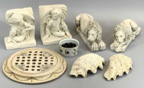 PLASTER CHERUB BOOKENDS, 15cms tall, a pair of similar lions, seashells and a composition