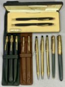 EIGHT CROSS GOLD FILLED PENS AND PENCILS, cased Cross 'Classic Black' pen and pencil, and a Parker
