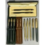 EIGHT CROSS GOLD FILLED PENS AND PENCILS, cased Cross 'Classic Black' pen and pencil, and a Parker