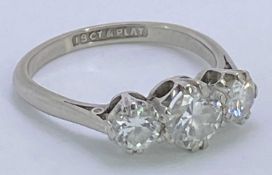 18CT WHITE GOLD WITH PLATINUM SETTING THREE STONE DIAMOND RING - size L, estimated diamond weight