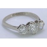 18CT WHITE GOLD WITH PLATINUM SETTING THREE STONE DIAMOND RING - size L, estimated diamond weight