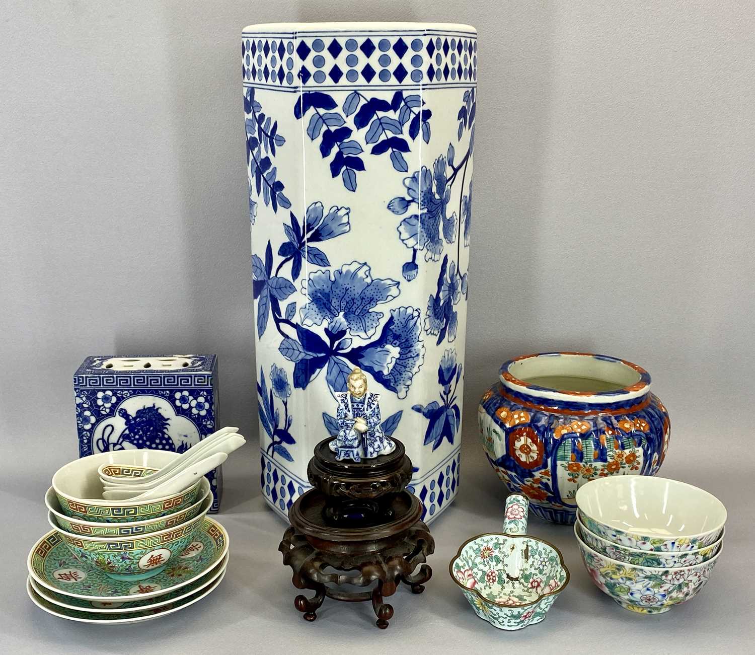CHINESE & OTHER ASSORTMENT - to include blue and white stick stand, 46cms tall, Imari vase, hardwood