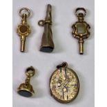 WATCHES - Victorian 9ct gold keys (2), 9ct gold bloodstone fob seal and a trumpet shaped
