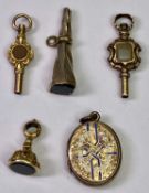 WATCHES - Victorian 9ct gold keys (2), 9ct gold bloodstone fob seal and a trumpet shaped