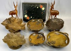 TREEN - fruit musical bowls (6), a pair of antelope models and a lacquerwork jewellery box