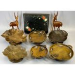 TREEN - fruit musical bowls (6), a pair of antelope models and a lacquerwork jewellery box